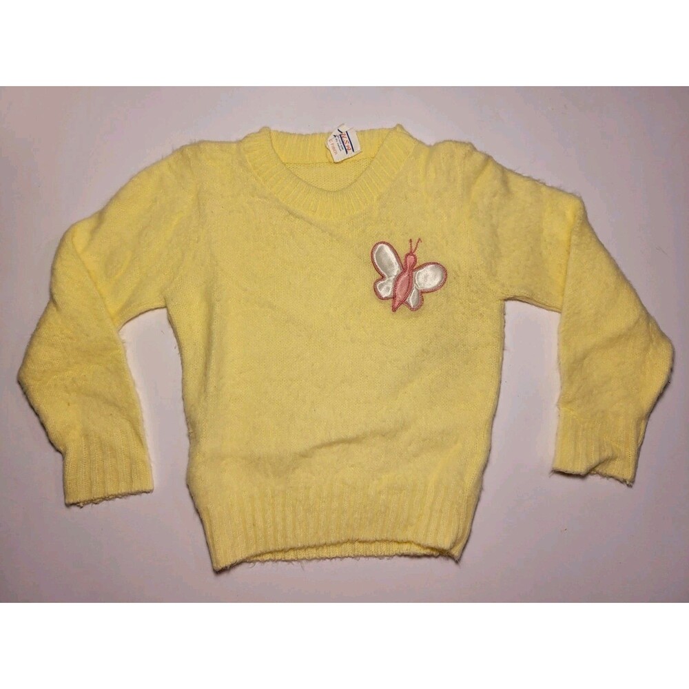 VTG Yellow Baby Toddler Sweater Pink Butterfly Fuzzy Made In USA Vintage Acrylic